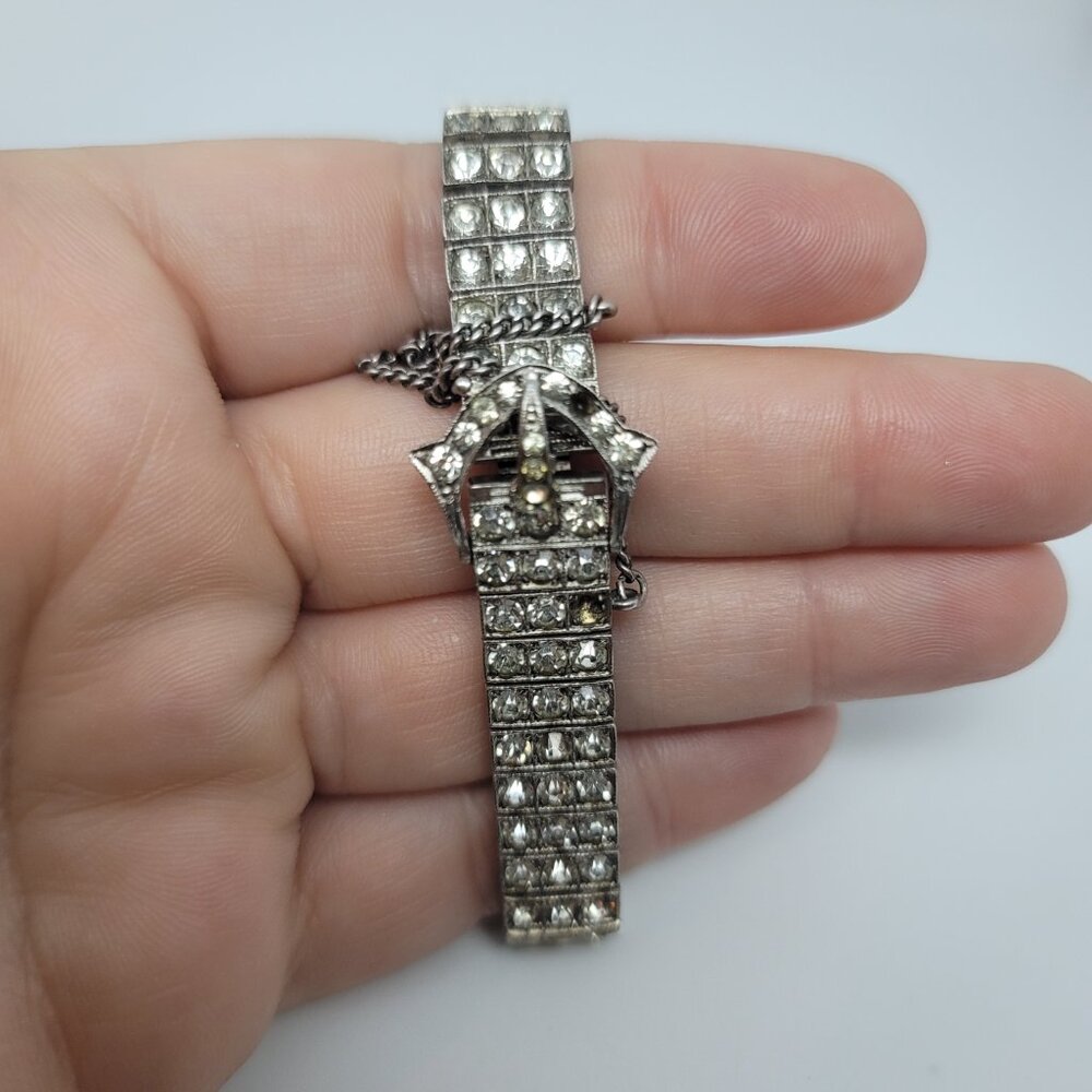 Antique Art Deco Diamonbar Sterling & French Paste Buckle Bracelet
